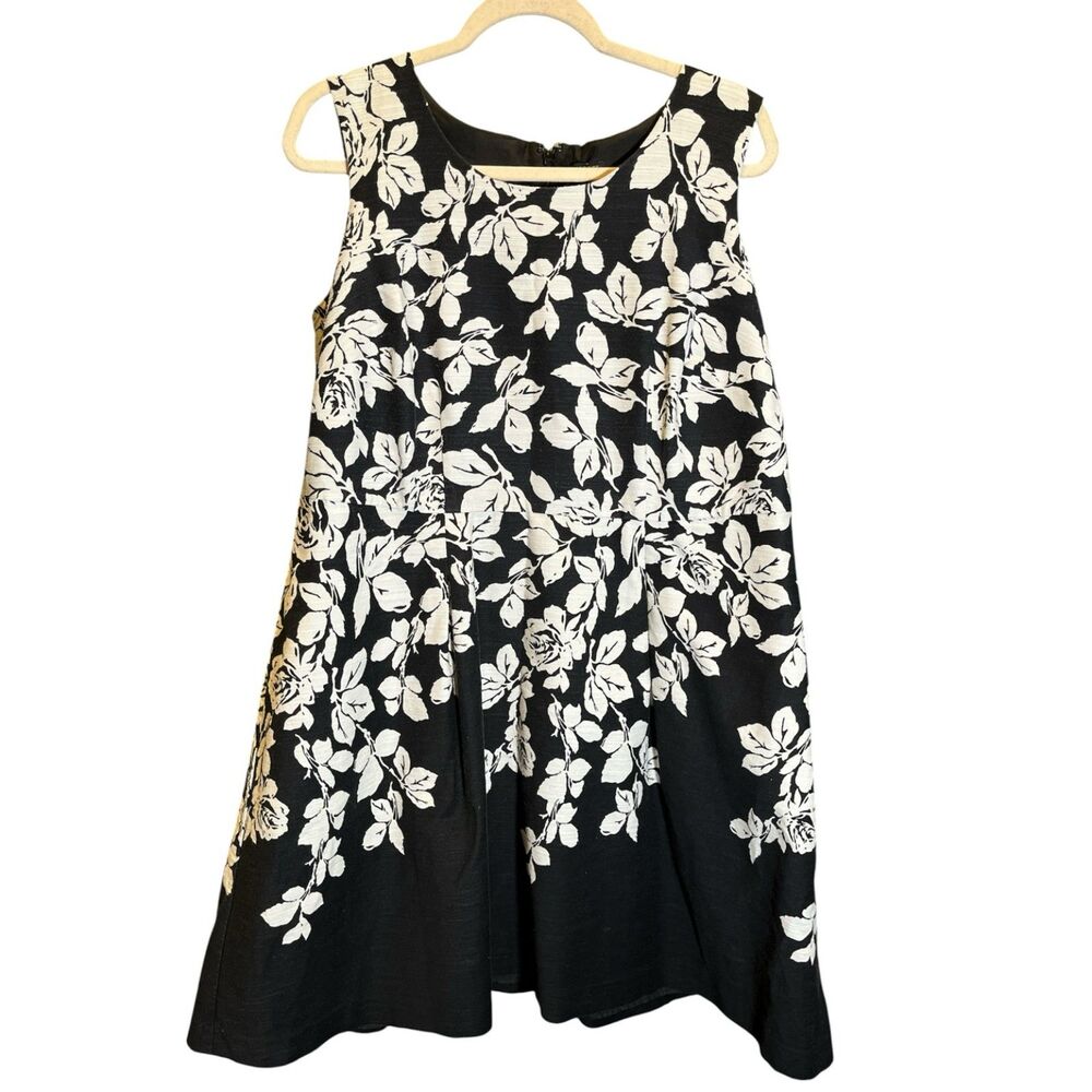 Talbots Floral Dress 14WP Black White Sleeveless Fit & Flare Petite